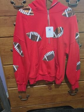 Red Half-Zip Hoodie Jacket with Football Appliqués